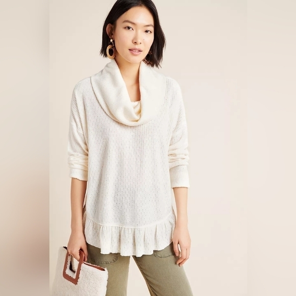 Anthropologie Maeve Cream Addie Ruffled Hacci Pullover M - Picture 2 of 8